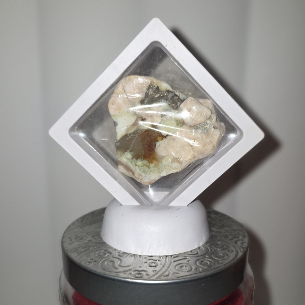 Green Flower Agate Freeform Displayed in White Frame